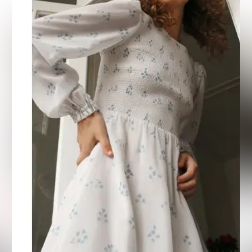 MWilfred Babydoll Whimsey Floral Long-Sleeve Dress - White with Blue Print